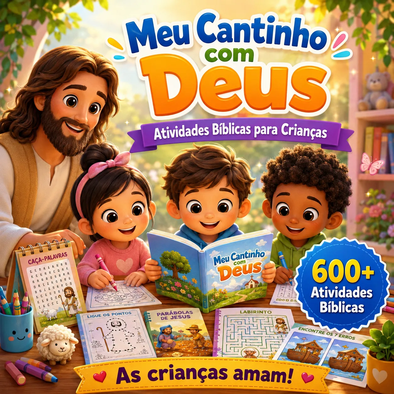 Crianças felizes com atividades bíblicas
