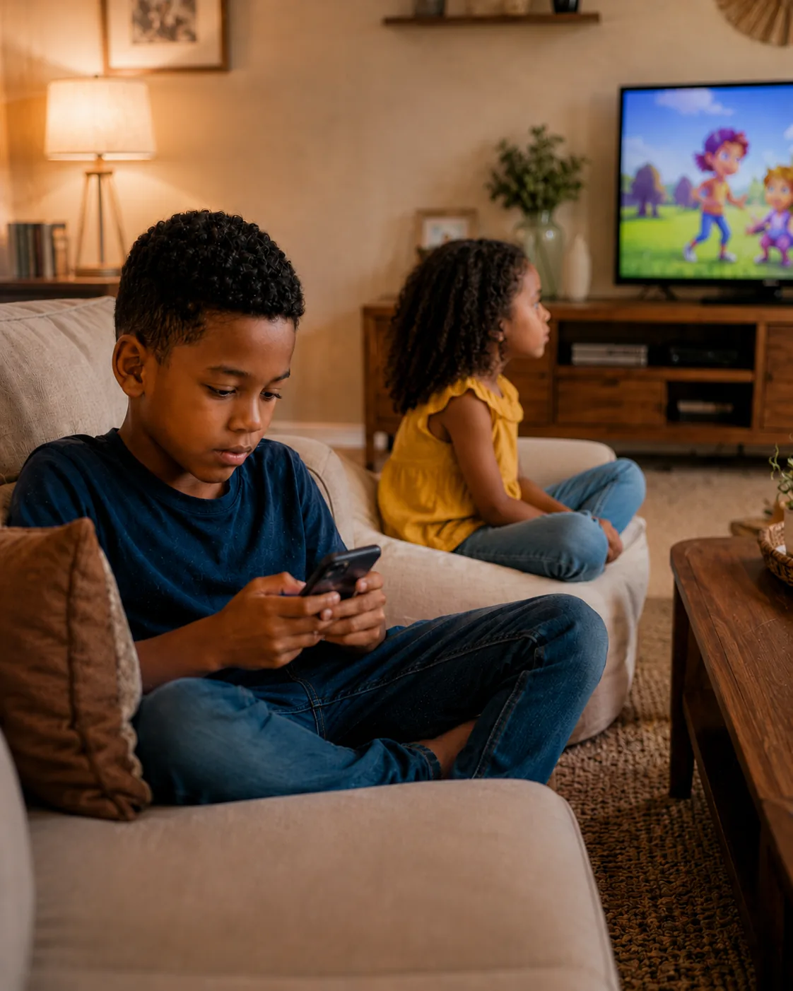 Menino no celular enquanto outra criança assiste à televisão