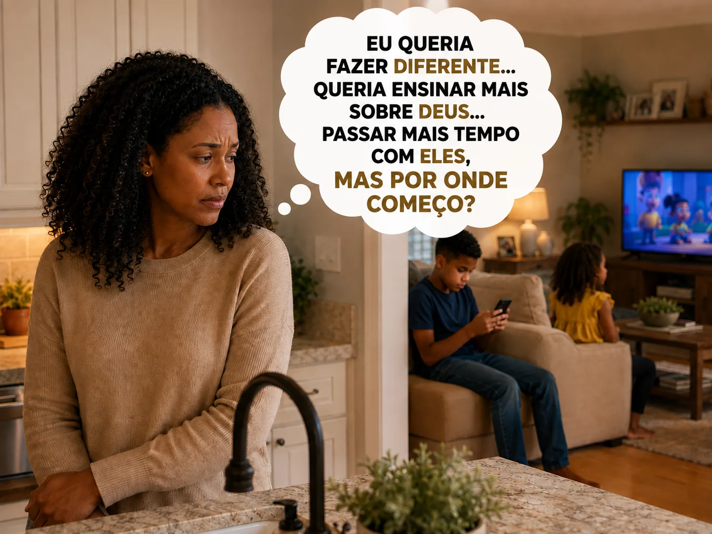 Mãe pensando em ensinar mais sobre Deus e passar mais tempo com os filhos