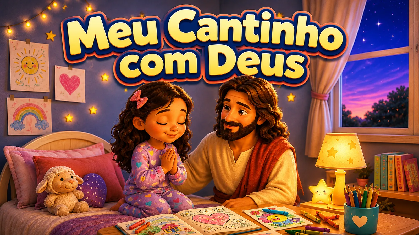 Criança orando com Jesus antes de dormir